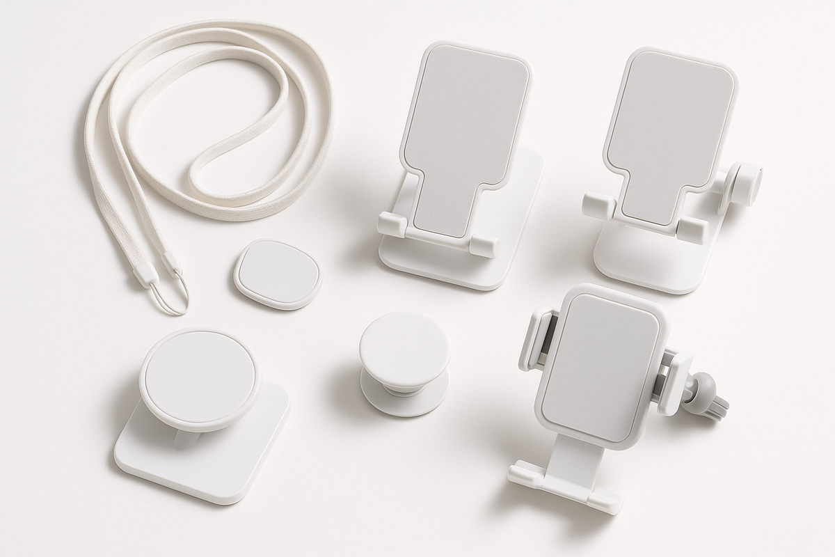 make me a picture of phone accessories like neck straps and phone stands. make them all white